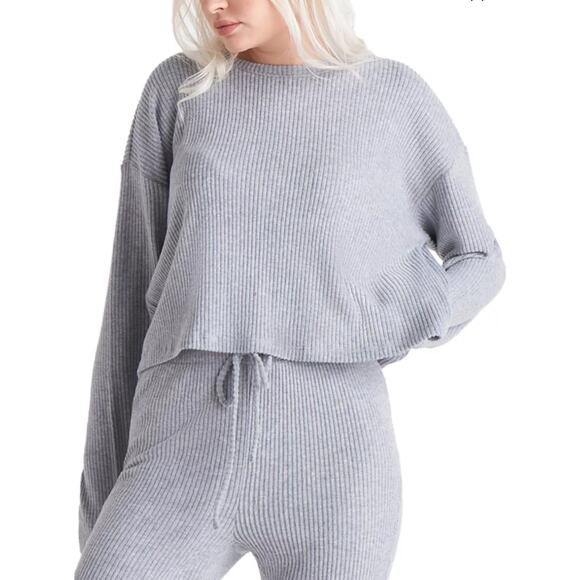 Black Tape Sweater Ribbed Texture Cropped Drop Shoulder Long Sleeve Gray XS NWT - Picture 1 of 10